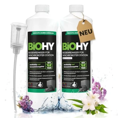 Afbeelding van BiOHY Vloerreiniger voor dweilrobot station met lentegeur (2 x 1 liter) + doseerder, reinigingsmiddel concentraat alle wis en zuigrobots natte functie, schuim arm &amp; streepvrij