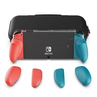 Afbeelding van Skull &amp; Co. GripCase OLED Bundle for Nintendo Switch Model: A Dockable Transparent Protective Case with Interchangeable Grips [to fit All Hands Sizes] [with Carrying Case] Neon Blue+Neon Red