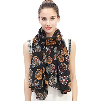 Afbeelding van Lina &amp; Lily Day of the Dead Sugar Skull Print Grote Sjaal Lichtgewicht, Zwart, 180 X 90 cm