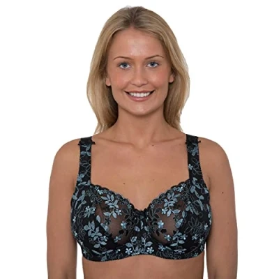 Afbeelding van Dames Bloemen Geborduurd Kant Underwired niet Gewatteerde BH D J Cups, Zwart/Blauwgroen, 105L