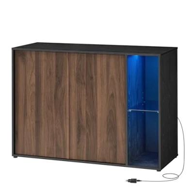 Afbeelding van SONGMICS HOME Supersnelle montage zonder gereedschap, dressoir met verlichting, opbergkast, tv kast, glazen plank, toolless technologie, naturel walnoot ebbenhout zwart BBK372B01