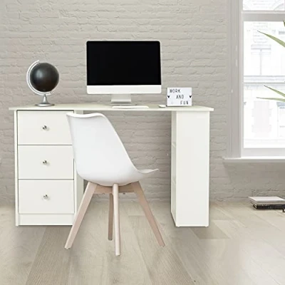 Afbeelding van ML Design bureau met 3 laden en opbergplanken, opbergruimte, wit, 120x49x72 cm, computer kantoor tafel werktafel laptop opbergplank PC tafel, geschikt voor thuiskantoor,