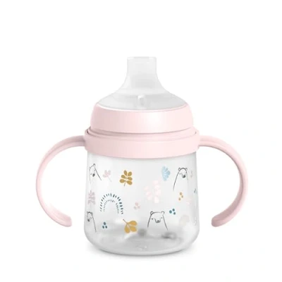 Afbeelding van Suavinex, My Family Babyfles met handgrepen en drinktuit van siliconen, anti koliek beschermkap, lekvrije drinkbeker, 150 ml, voor baby&#039;s + 6 maanden, vaatwasmachinebestendig, roze