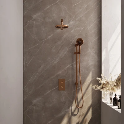 Afbeelding van BRAUER Copper Carving thermostatische inbouw regendouche 3 weg omstelling SET 43 met 20 cm douchekop en rechte muurarm standen handdouche