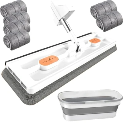 Afbeelding van Mop and Bucket with Wringer Set for Home, Flat System, Auto Mops Floor Cleaning, (White)