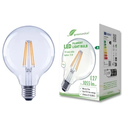 Afbeelding van greenandco Heldere led filamentlamp, E27 G95, 5 W, 1055 lm, vervangt 75 2700 K, warmwit, 320 graden, 230 V, flikkervrij, energieklasse A, niet dimbaar