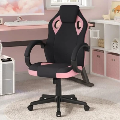 Afbeelding van WOLTU Gaming stoel, stof, ademende bureaustoel, draaistoel, gamerstoel, ergonomische pc 150 kg belastbaar, met armleuningen, in hoogte verstelbaar, gewatteerd, mesh weefsel, zwart + roze,