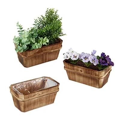 Afbeelding van Relaxdays Plantenbak hout set van 3 klein balkonbak met folie bloempot natuur