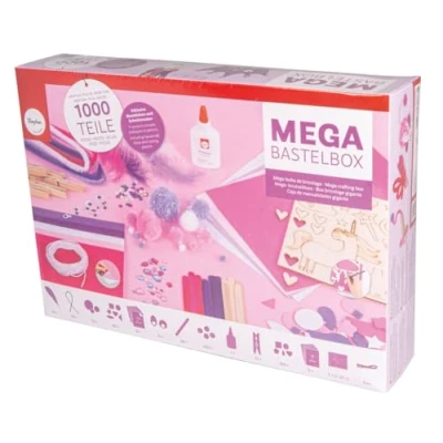 Afbeelding van Rayher 69184000 Mega knutselset, 1000 stuks, wit/roze/paarse tinten, knutselset kinderen, creatieve set, pijpreinigers, pompons, veren, wiebelogen, pailletten, knutsellijm, knutselen kinderverjaardag