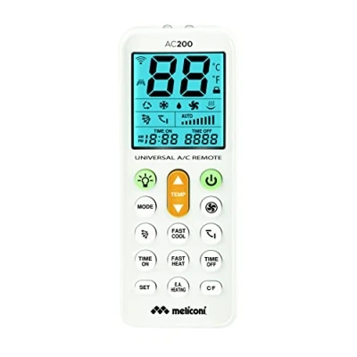 Afbeelding van Meliconi AC 200 universele afstandsbediening voor airconditioning, compatibel met de meeste merken, display achtergrondverlichting en zaklampfunctie, wit. 802102