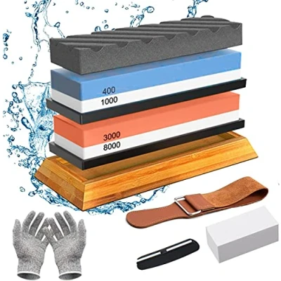 Afbeelding van TAVADA Slijpsteen,Wetsteen,dubbelzijdig 400/1000 en 3000/8000 grit Messenslijper,Professionele wetsteen met antislip Bamboebodem Hoekgeleiding leren strook