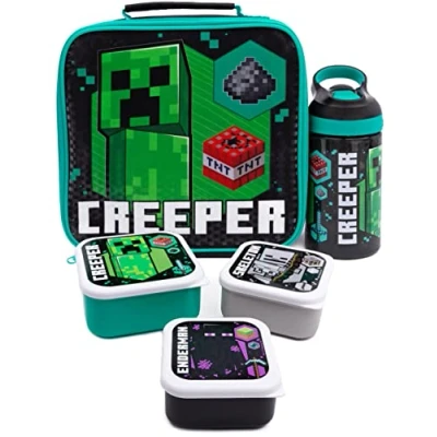 Afbeelding van Minecraft Lunch Bag Kinderen Creeper Skeleton Enderman 5 Stuks School Lunchtas, BPA vrije Waterfles &amp; 3 Snackbakjes Groene Gamer Drank Voedselcontainers