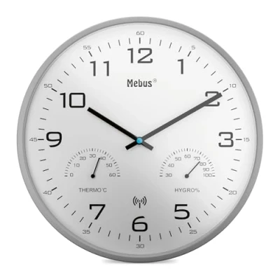 Afbeelding van Mebus Moderne draadloze wandklok met temperatuurweergave en luchtvochtigheid, 30 cm, klok, woonkamer, keukenklok/model: 52842 / kleur: grijs