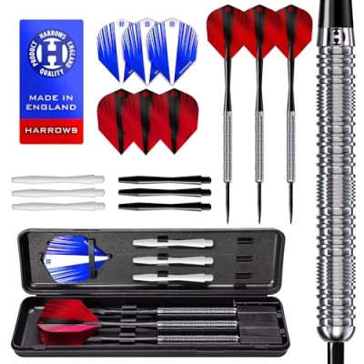 Afbeelding van Harrows Caliber 90% Tungsten Steel Tip Darts Set I 21g tot 30g Enorme 16 delige bundel met reserveschachten, Prime Flights &amp; reisetui Zilver (28G)