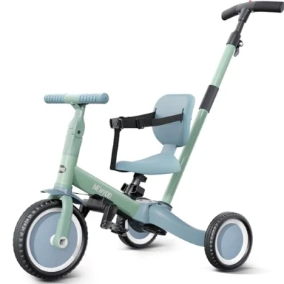 Afbeelding van newyoo Tricycle 5 en 1, draisienne à partir de 1 an, avec barre poussée, pour enfants 2, 3 ans, pédales amovibles et siège réglable (Vert)
