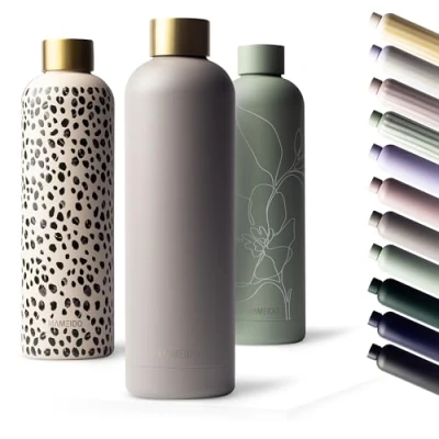 Afbeelding van MAMEIDO roestvrij staal drinkfles 1l lekvrije thermosfles, waterfles BPA vrij, geïsoleerde fles, koffie &amp; thee (Taupe Grey Gold, 1000ml)