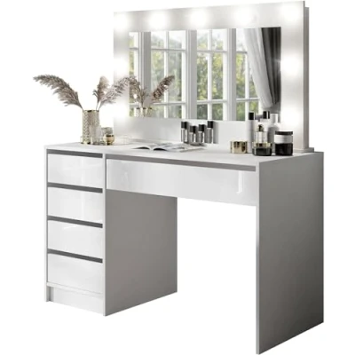 Afbeelding van lukmebel MADA kaptafel met spiegel, verlichting, lades, wit hoogglans (make up tafel, kaptafel, make kaptafel)
