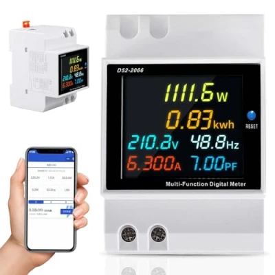 Afbeelding van Stroommeter DIN rail, LCD digitale stroommeter, energiemeter, AC40 300V 100A 6 in 1 wisselstroommeter rail KWh teller, ampèremeter voltmeter fase