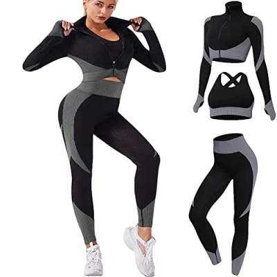 Afbeelding van Veriliss Workoutpak voor dames, 3 delig, naadloze outfit, workoutset, gymkleding, yoga sportkleding, legging en stretch sport beha, gym jumpsuit, kledingset, zwart/grijs, S
