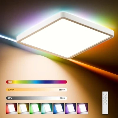 Afbeelding van LQWELL® LED Plafondlamp dimbaar met afstandsbediening, 24W 2500LM 3000 6500K RGB, vierkant platte plafondverlichting IP44 voor woonkamer, slaapkamer, eetkamer, 300 * 40mm