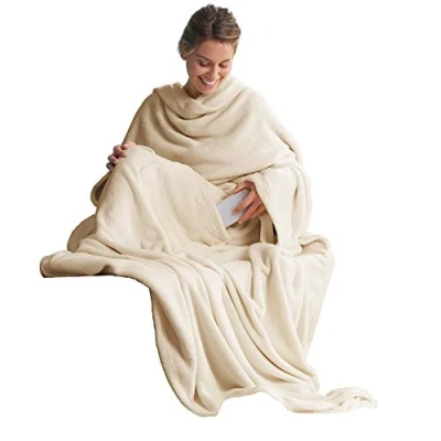 Afbeelding van CelinaTex TV deken knuffeldeken met mouwen en voettas XL 170 x 200 cm crème wit coral fleece sprei microvezel