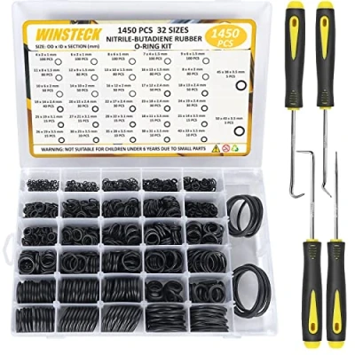 Afbeelding van 1450 stuks afdichtringen, set O ringhaken, gereedschap, 32 maten, platte afdichting, afdichtingsset, assortiment met 4 pick &amp; haakgereedschap voor slang, kraan, auto,