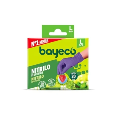 Afbeelding van Bayeco Nitril wegwerphandschoenen, paars, beide handen, poeder en latexvrij, gestructureerde vingers voor een betere grip, dispenserverpakking van 20 stuks, maat L