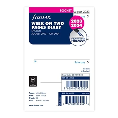 Afbeelding van Filofax Pocket Week op twee pagina&#039;s Halverwege het jaar dagboek 23 augustus 24 juli, wit