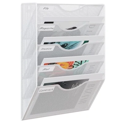 Afbeelding van EasyPAG Metalen tijdschriftenhouder, 5 vakken, wandmontage, A4, bureau organizer om op te hangen, opbergbank, papieropslag, wandbrievenbak, wit