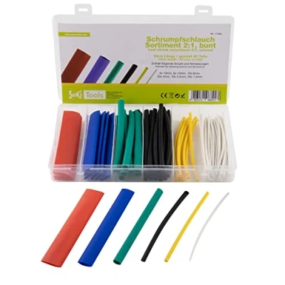 Afbeelding van SeKi 17409 2:1 delen kleurrijke krimpkous assortiment 80 delig in 6 maten (30 x 1, wit, 10 2,5 mm geel, 20 4 zwart, groen, blauw, 13 rood) elk cm lang