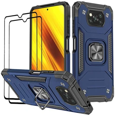 Afbeelding van KANSI Hoesje compatibel voor Xiaomi POCO X3 NFC/POCO Pro, Gehard glas [2 stuks] Beschermende siliconen TPU Schokbestendige Stevige Harde Cover Pro Blauw