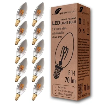 Afbeelding van 10x greenandco® Vintage gloeidraad LED kaars zilvergrijs E14 2W 70lm 1800K extra warm wit 360 230V niet dimbaar