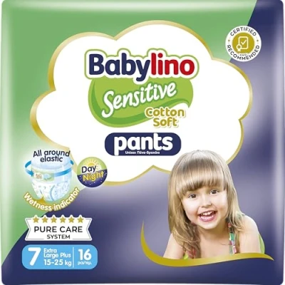 Afbeelding van Babylino Sensitive Cotton Soft Luiers Maat 7, Broek XL Plus (15 25 kg), 16 Stuk