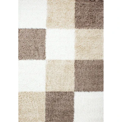 Afbeelding van Basic Shaggy Geblokt vloerkleed Bruin / Beige Hoogpolig 200x290 cm