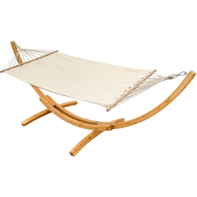 Afbeelding van XXL Hangmat met Houten Frame Hangmatstandaard Tuin Hammock voor 2 Personen Beige