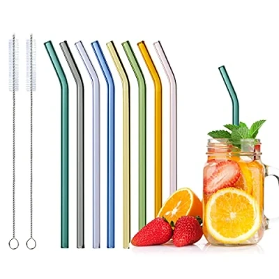 Afbeelding van glazen rietjes, herbruikbaar, 8 kleurrijke gebogen met 2 reinigingsborstels voor cocktailglazen, smoothies en sappen, drinkrietjes, glas, vaatwasmachinebestendig
