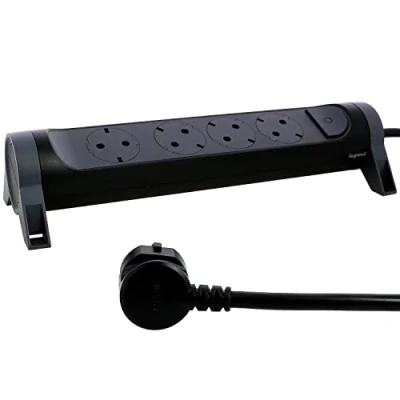 Afbeelding van LEGRAND, Draaibare stekkerdoos, 4 voudig stopcontact, wand of tafelmontage, led aan/uit schakelaar, 3 m kabel, zwart/donkergrijs, 694537