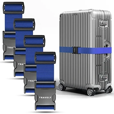 Afbeelding van Travely® Hoogwaardige kofferriem, bijzonder opvallend en veilig, inclusief 2 naamkaartjes, bagageband ideaal kruislings, 4 delige set, marineblauw