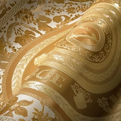 Afbeelding van &quot;MEDUSA HOOFD&quot; SATIJN GLANZEND CIRKEL BEHANG Design goud wit A.S. Création Versace 5