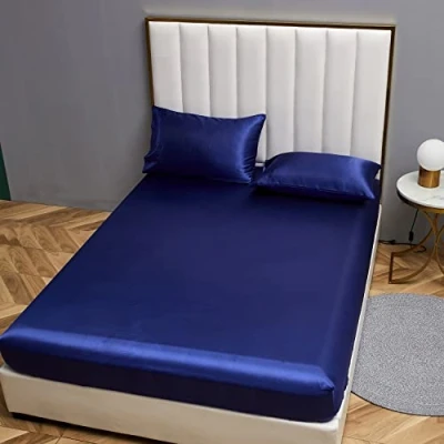 Afbeelding van Damier Satijnen hoeslaken, 160 x 200 cm, blauw met zijdeglans, geschikt voor matrassen tot 30 cm dik