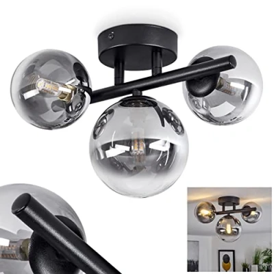 Afbeelding van plafondlamp Chehalis, moderne van metaal/glas in zwart/rookkleur, lamp modern design met kappen gerookt glas, 3 lamps, x G9, zonder gloeilampen
