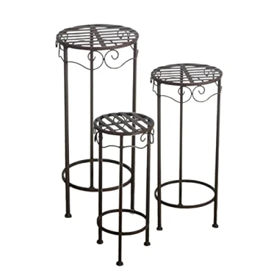 Afbeelding van Metalen bloemenkruk in 3 delige set 68/58/48 cm van ijzer bruine roest look bloemen staander etagère plantenpothouder (rond)