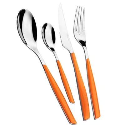 Afbeelding van BUGATTI, Glamour, 24 delige bestekset van roestvrij staal 18/10 en ORANGE handvat. 6 persoons bestaande uit lepels, vorken, messen koffielepels