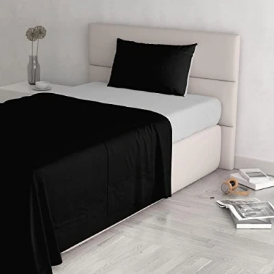 Afbeelding van Italian Bed Linen Natuurlijke kleur Set (plat 180x300, Hoeslaken 120x200cm+kussensloop 52x82cm), Benzine Fles Groen, 100% Katoen, Zwart/Lichtgrijs, KLEINE DOUBLE