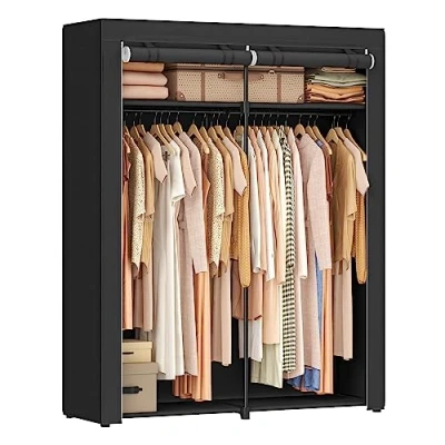 Afbeelding van SONGMICS Garderobe, garderobe met 2 kledingrails, opbergruimte voor kleding, linnenkast, kapstok, opvouwbaar, kleedkamer, slaapkamer, 140 x 43 174 cm, zwart RYG02BK