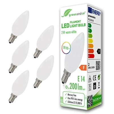 Afbeelding van 5 stuks greenandco® CRI90+ LED lamp vervangt 20 Watt E14 kaars mat, 2W 200 Lumen 2700K warm wit 360 230V AC glas, niet dimbaar, flikkervrij