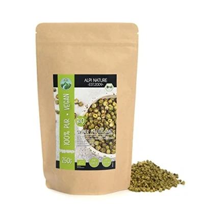 Afbeelding van biologische pepergroen (250 g), biologisch groene peperkorrels, peper van gecontroleerde teelt, groen, getest in laboratorium, 100% zuiver en natuurlijk