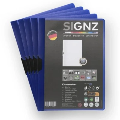 Afbeelding van SIGNZ Klemhechtmappen DIN A4, 5 stuks, donkerblauw, voor maximaal 60 vellen, CO2 neutraal gemaakt, made in Germany