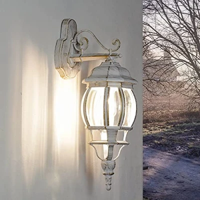 Afbeelding van Licht Erlebnisse Brest Wandlantaarn, rustieke buitenlamp in landhuisstijl, E27, IP44, glas, aluminium wit goud, voor terras, voordeur, carport en tuin, diepte: 24,5 cm
