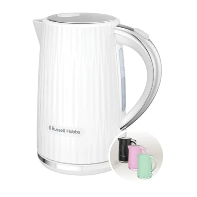 Afbeelding van Russell Hobbs Eden 27360 70 Waterkoker (voor heet water, thee of koffie, 1,7 l, dekselopening met één knop, uitneembaar kalkfilter, lichtgevende schakelaar, roestvrijstalen accenten, wit, 2400 W)